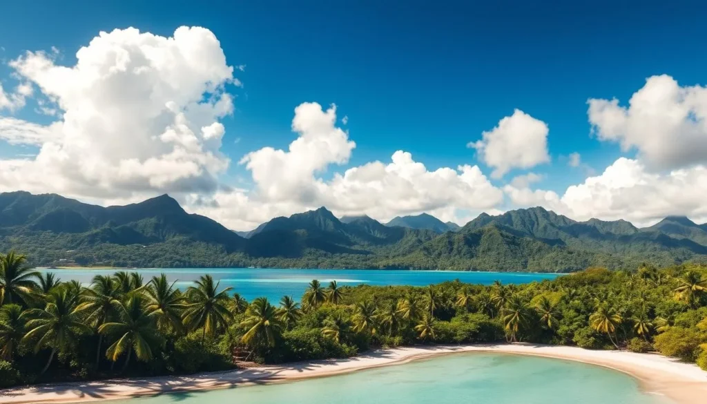 A lush, verdant tropical paradise on the remote Samoan archipelago. In the foreground, a pristine white sand beach curves along the turquoise waters of a tranquil lagoon, palm trees gently swaying in the warm Pacific breeze. In the middle ground, rugged volcanic peaks rise majestically, their slopes blanketed in dense, verdant rainforest. Overhead, a brilliant azure sky is dotted with fluffy cumulus clouds, bathing the scene in warm, golden sunshine. The entire landscape exudes a sense of untouched natural beauty and serene, unspoiled isolation, inviting the viewer to immerse themselves in the breathtaking Samoan island paradise. A lush, verdant tropical paradise on the remote Samoan archipelago. In the foreground, a pristine white sand beach curves along the turquoise waters of a tranquil lagoon, palm trees gently swaying in the warm Pacific breeze. In the middle ground, rugged volcanic peaks rise majestically, their slopes blanketed in dense, verdant rainforest. Overhead, a brilliant azure sky is dotted with fluffy cumulus clouds, bathing the scene in warm, golden sunshine. The entire landscape exudes a sense of untouched natural beauty and serene, unspoiled isolation, inviting the viewer to immerse themselves in the breathtaking Samoan island paradise.