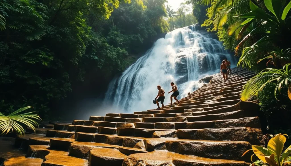 A lush, verdant tropical rainforest backdrop frames the iconic Dunn's River Falls in Jamaica. Sunlight filters through the dense foliage, casting a warm, golden glow on the cascading, turquoise waters. In the foreground, people cautiously climb the slippery, rocky steps of the waterfall, holding hands and supporting one another as they ascend. The wet, moss-covered stones glisten, creating a sense of adventure and challenge. The mist rises, enveloping the scene in a refreshing, misty atmosphere. Wide-angle lens captures the scale and grandeur of this natural wonder, inviting the viewer to imagine the exhilarating experience of scaling this stunning, one-of-a-kind waterfall.