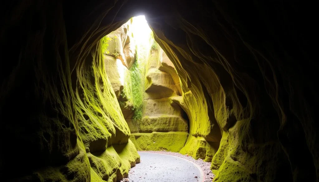A lush, verdant tunnel leading through a dramatic natural rock formation, carved by the relentless ebb and flow of the tides. Sunlight filters in from above, casting a warm, golden glow on the smooth, sculpted walls. The path ahead curves gracefully, inviting the viewer to explore this captivating geological wonder. The scene exudes a sense of adventure and discovery, perfectly capturing the essence of the "Manly Wormhole" - a breathtaking natural spectacle that showcases the raw power and beauty of the coastal environment.