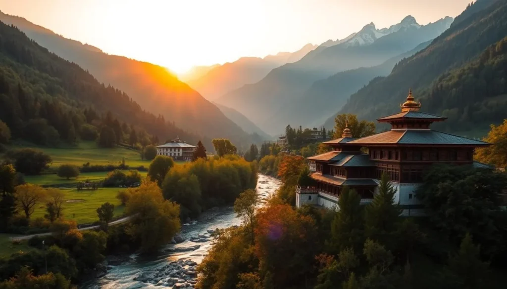 A lush, verdant valley nestled between towering Himalayan peaks, bathed in warm golden light as the sun dips below the horizon. In the foreground, a serene river meanders through the landscape, its waters reflecting the vibrant hues of the surrounding foliage. In the middle ground, traditional Bhutanese architecture stands in harmony with the natural environment, their intricate details and ornate roofs complementing the rugged, snow-capped mountains in the distance. The scene exudes a sense of tranquility and timelessness, perfectly capturing the essence of the best time to visit Bhutan - when the weather is mild, the scenery is breathtaking, and the cultural experiences are at their most immersive.