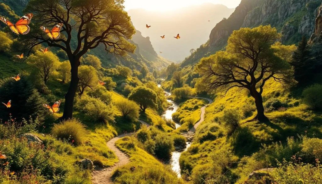 A lush, verdant valley surrounded by towering mountains, bathed in warm, golden sunlight. The air is filled with a kaleidoscope of vibrant butterflies, their delicate wings fluttering and dancing through the gentle breeze. Meandering paths wind through the landscape, inviting exploration. Tall, ancient trees provide dappled shade, creating a serene and tranquil atmosphere. In the distance, a crystal-clear stream glistens, its calming sounds adding to the peaceful ambiance. The entire scene exudes a sense of natural wonder and beauty, capturing the essence of Rhodes' stunning natural landscapes.