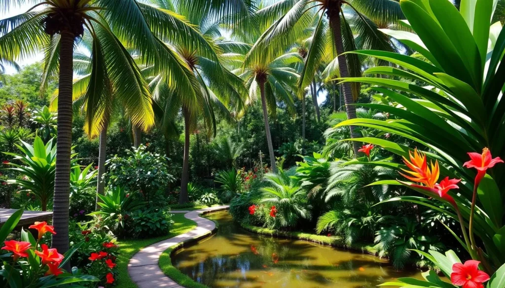 A lush, vibrant botanical garden nestled in the heart of Deshaies, Guadeloupe. Towering palm trees sway gently in the warm Caribbean breeze, casting intricate shadows on the winding pathways below. Vibrant tropical blooms in a kaleidoscope of colors - crimson hibiscus, golden-orange bird of paradise, and delicate orchids - dot the carefully curated landscape. A serene pond reflects the verdant foliage, its surface rippling with the graceful movements of koi fish. Dappled sunlight filters through the canopy, creating a tranquil, natural atmosphere perfect for a leisurely stroll through this verdant oasis.