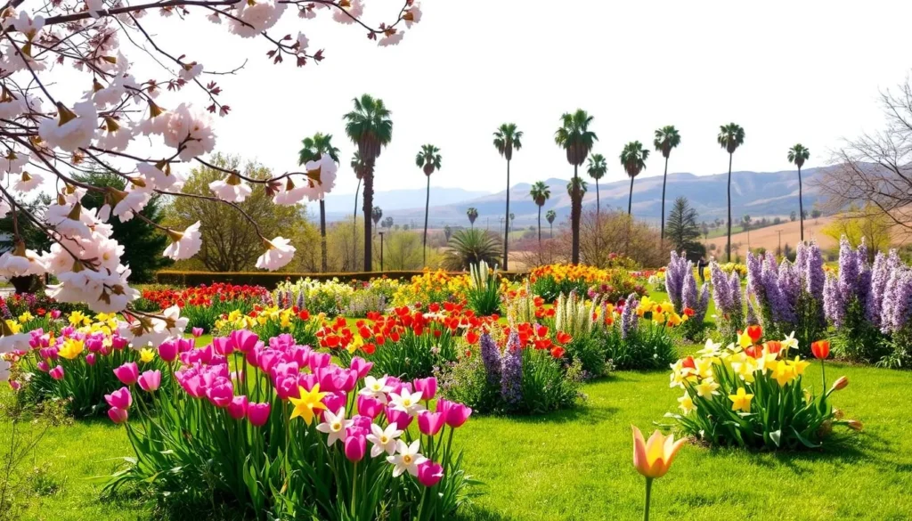 A lush, vibrant garden in Fresno, California, bursting with the colors and scents of spring. In the foreground, delicate cherry blossoms sway gently in a soft breeze, their pale pink petals drifting down to a carpet of fresh green grass. In the middle ground, a riot of blooming flowers - vibrant tulips, cheerful daffodils, and fragrant lilacs - dance in the warm sunlight. In the background, a backdrop of towering palm trees and rolling hills, painted in the soft hues of a cloudless sky. The scene exudes a sense of tranquility and renewal, capturing the essence of springtime in this Central California city.