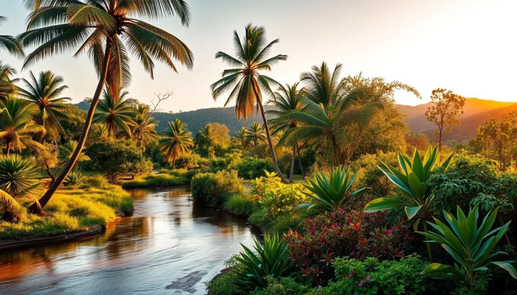A lush, vibrant landscape in Darwin, Northern Territory, under a warm, golden sunset. In the foreground, a meandering river with crystal-clear waters reflects the sky's warm hues. Towering palm trees sway gently in the soft breeze, their fronds casting intricate shadows across the riverbank. In the middle ground, a diverse array of tropical flora, including vibrant flowers and verdant foliage, creates a rich, natural tapestry. The background is dominated by rolling hills, their slopes covered in a mix of dense rainforest and sprawling eucalyptus trees. The overall scene exudes a sense of tranquility and natural beauty, capturing the essence of Darwin's captivating natural environment.