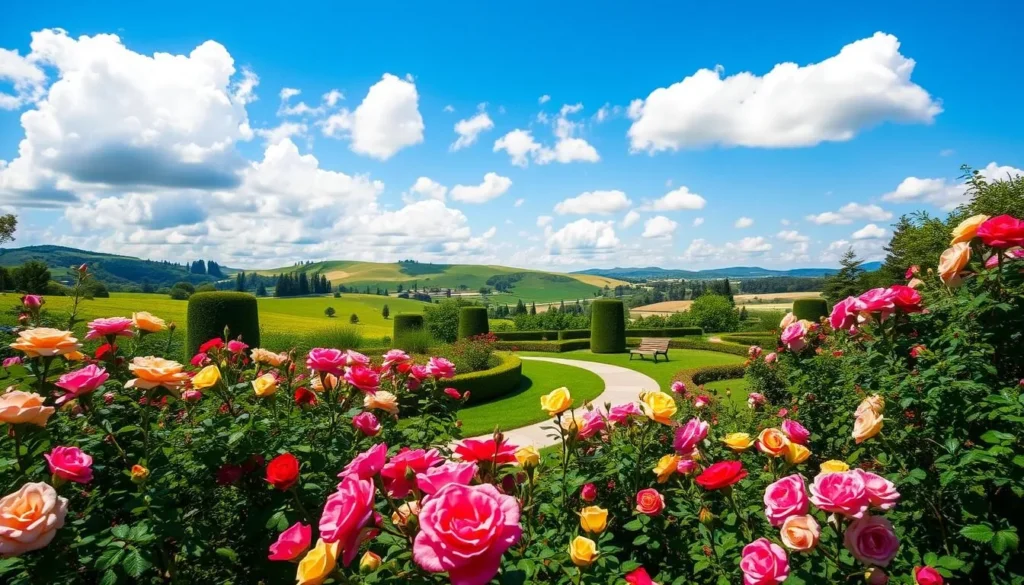 A lush, vibrant rose garden in San Jose, California on a sun-dappled afternoon. The foreground features a colorful array of blooming rose bushes in shades of pink, red, and yellow, their petals gently swaying in a light breeze. In the middle ground, a meandering path winds through the garden, lined with sculpted hedges and the occasional wooden bench. The background showcases the verdant, rolling hills of the region, with a clear blue sky overhead accented by fluffy white clouds. The scene is bathed in warm, golden light, creating a serene and inviting atmosphere perfect for nature lovers to explore.