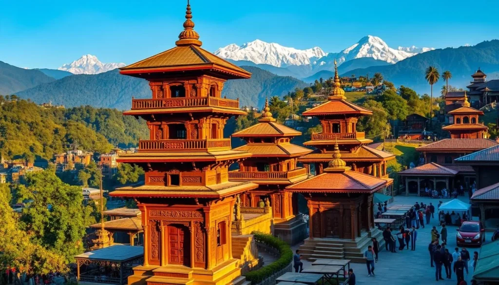 A lush, vibrant scene of Panauti's ancient heritage sites nestled amidst the verdant Himalayan foothills. In the foreground, intricately carved wooden temples and shrines stand tall, their ornate facades bathed in warm, golden sunlight. The middle ground reveals a bustling town square, where locals and visitors mingle, adding a sense of life and activity. In the distance, the majestic Himalayas rise, their snow-capped peaks creating a breathtaking backdrop. The overall atmosphere is one of serenity and timelessness, capturing the essence of Panauti's rich cultural heritage.