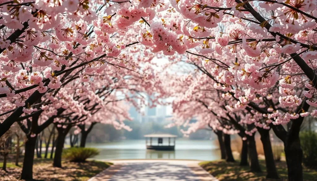A lush, vibrant scene of delicate cherry blossoms in full bloom, their soft pink petals swaying gently in the springtime breeze. The trees form a picturesque canopy over a tranquil pathway, casting a warm, dappled light upon the ground below. In the middle distance, a serene pond reflects the blossoms, creating a sense of harmony and balance. The background features a hazy, out-of-focus cityscape, hinting at the urban setting while maintaining the peaceful, idyllic atmosphere. Capture this quintessential seasonal highlight in Wuhan, China, with a high-resolution, wide-angle lens to fully immerse the viewer in the scene.
