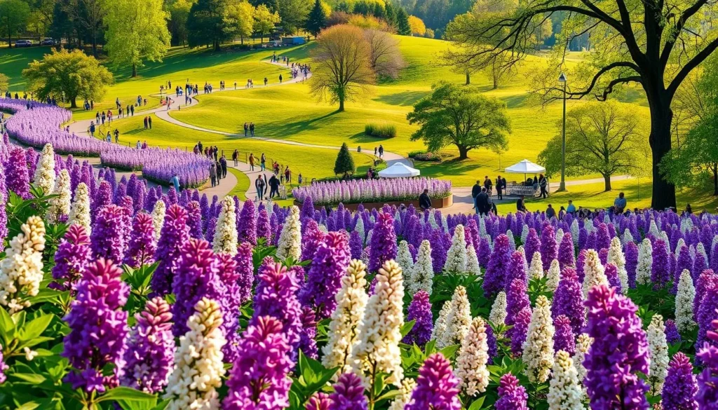 A lush, vibrant scene of the Highland Park Lilac Festival in Rochester, New York. The foreground features a sea of purple and white lilac blooms, their sweet fragrance filling the air. In the middle ground, crowds of people stroll along winding paths, pausing to admire the stunning floral displays. The background showcases the rolling green hills and mature trees that surround the park, bathed in warm, golden sunlight. The overall atmosphere is one of tranquility and celebration, capturing the essence of this beloved seasonal event.