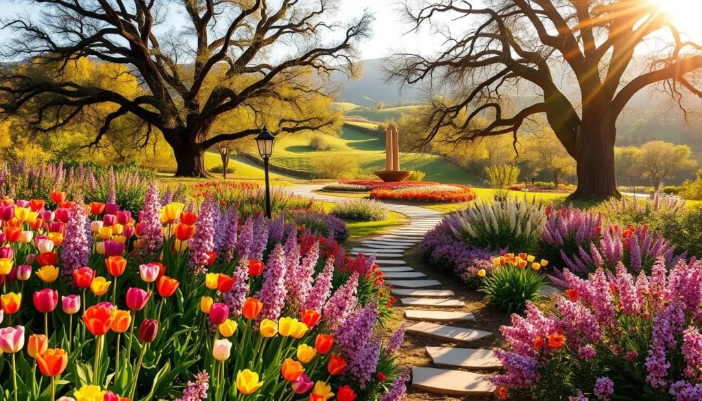 A lush, vibrant spring garden in Temecula, California, bathed in warm, golden sunshine. In the foreground, a colorful array of blooming flowers - vibrant tulips, fragrant lilacs, and delicate cherry blossoms - create a captivating tapestry of color. In the middle ground, a winding stone path meanders through the garden, inviting exploration. Towering oak trees and rolling hills form the serene, verdant backdrop, casting soft, dappled shadows across the scene. The air is filled with the sweet scent of fresh greenery and the gentle chirping of birds. The overall mood is one of tranquility, natural beauty, and the joyful renewal of spring.