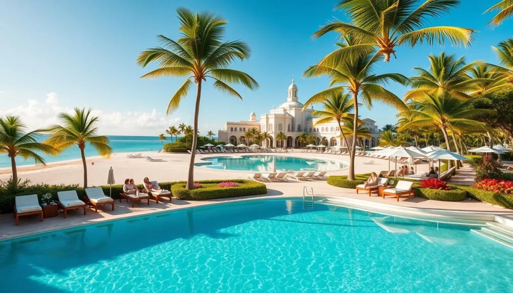 A luxurious beachfront resort nestled along the azure waters of Freeport, Bahamas. Pristine white sand beaches and swaying palm trees create a serene, tropical ambiance. In the foreground, guests lounge on plush, sun-drenched chaise lounges, sipping refreshing cocktails. The middle ground features an infinity pool that seamlessly blends with the horizon, surrounded by lush, well-manicured gardens. In the background, the resort's grand, colonial-style architecture stands tall, complemented by a clear, cloudless sky. Warm, golden sunlight bathes the scene, evoking a sense of relaxation and luxury. The overall atmosphere conveys the ultimate in beachside indulgence, perfect for travelers seeking the best accommodations in Freeport.