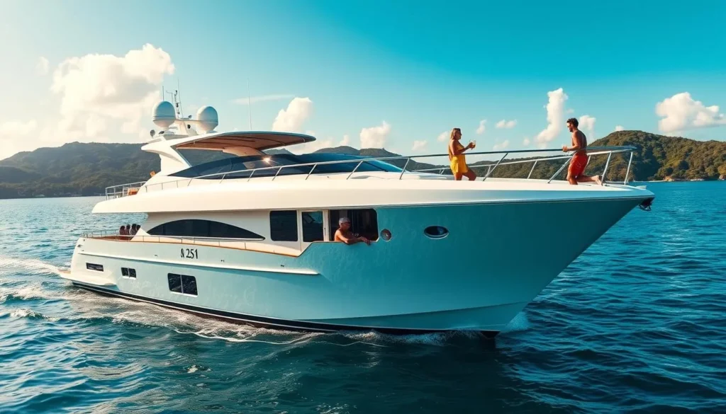 A luxurious private yacht gently rocking on the calm, azure waters of a tropical harbor. The sleek, white vessel is adorned with gleaming teak accents and a spacious sundeck. A group of friends sip chilled cocktails as they bask in the warm Caribbean sun, while a crew member expertly navigates the boat around the picturesque coastline. In the background, lush, verdant hills and a cloudless, azure sky create a serene, idyllic setting. The scene exudes a sense of relaxation, exclusivity, and the joy of exploring the stunning natural beauty of the island by private charter.