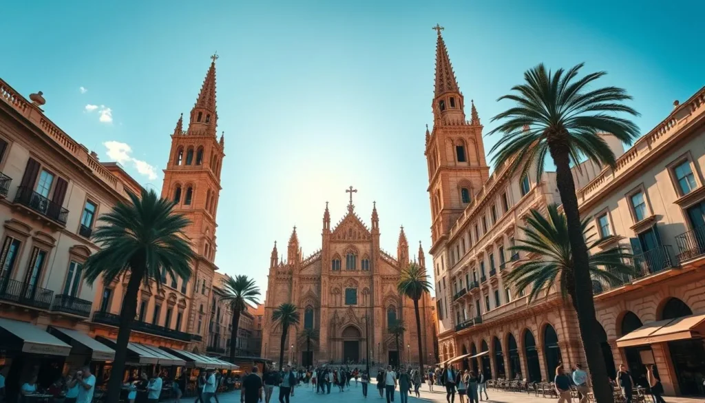 A magnificent cathedral stands tall in the heart of Palma, Mallorca, its ornate Gothic facade bathed in warm, golden light. The towering spires reach towards a cloudless, azure sky, casting long shadows across the bustling square below. In the foreground, people leisurely stroll past charming cafes and boutiques, their lively chatter mingling with the gentle breeze. The scene exudes a sense of tranquility and timeless beauty, inviting the viewer to step into this vibrant, historic city and explore its rich cultural heritage.