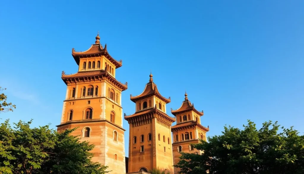 A magnificent cluster of Kaiping diaolou, the unique fortified watchtowers of southern China, standing tall against a clear azure sky. Elegant multi-story structures with intricate architectural details, blending European and Chinese design elements. Lush, verdant foliage frames the scene, creating a tranquil, picturesque atmosphere. Warm, diffused sunlight illuminates the weathered, ochre-hued walls, casting soft shadows that accentuate the towers' ornate carvings and decorative elements. The diaolou stand as silent sentinels, preserving the rich cultural heritage of the Kaiping region.
