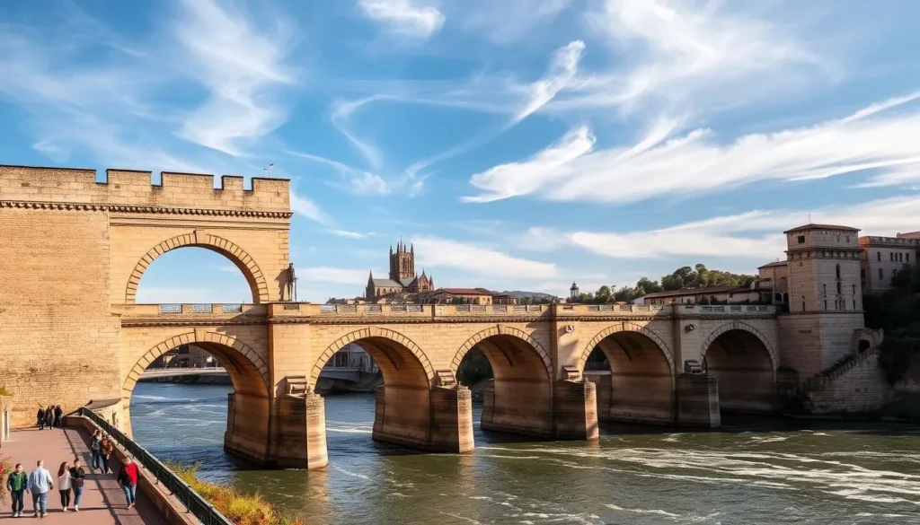 A magnificent stone arch bridge spanning the Tagus River, the Alcántara Bridge in Toledo, Spain. Sunlight dances across its intricate Moorish-inspired architecture, casting warm shadows upon the flowing waters below. In the foreground, pedestrians stroll leisurely, admiring the bridge's timeless beauty. The middle ground reveals the historic city skyline, with the iconic Cathedral of Toledo and its imposing silhouette rising majestically in the distance. Wispy clouds drift overhead, creating a serene, picturesque atmosphere, as the bridge seamlessly connects the past and present of this enchanting Spanish city.