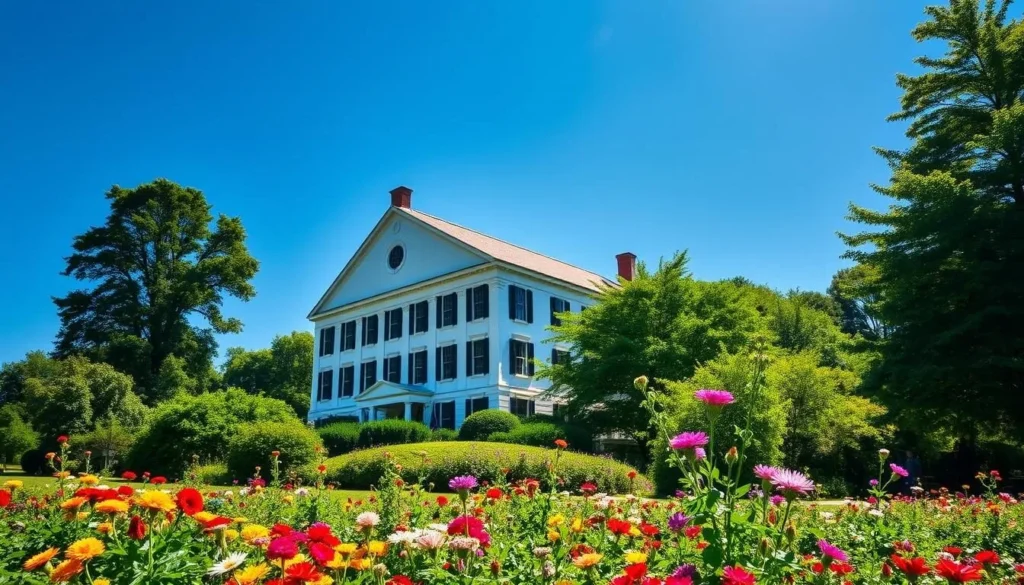 A majestic 18th century colonial building nestled amidst lush greenery, its crisp white façade and classic New England architecture standing proudly against a clear blue sky. Sunlight filters through the tall windows, casting a warm glow over the historic grounds. In the foreground, a well-tended garden overflows with vibrant flowers, inviting visitors to step back in time and immerse themselves in Concord's rich heritage. The scene exudes a sense of timeless elegance and tranquility, perfectly capturing the essence of this iconic New England town.