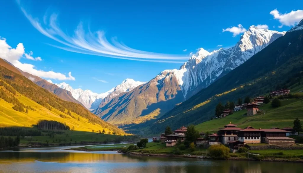 A majestic Himalayan landscape in Bhutan, bathed in warm, golden sunlight. A meandering river winds through the lush, verdant valleys, flanked by towering, snow-capped peaks that pierce the azure sky. Quaint, traditional Bhutanese farmhouses dot the rolling hills, their sloping roofs and ornate architecture blending seamlessly with the natural surroundings. In the foreground, a tranquil lake reflects the grandeur of the scene, its calm waters mirroring the serene, mystical atmosphere of this enchanting kingdom. Wispy clouds drift lazily overhead, adding a sense of ethereal wonder to the breathtaking panorama. This is the magic of Bhutan, a land of unspoiled beauty and timeless allure.