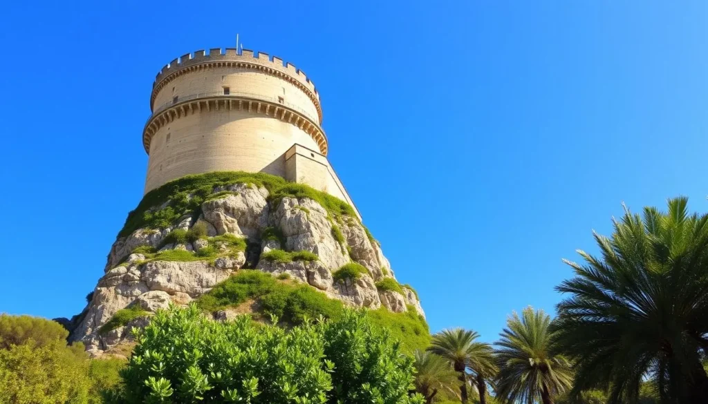 A majestic castle atop a towering limestone hill, the sun's warm glow illuminating its timeless facade. Bellver Castle, a medieval masterpiece with its distinctive circular design and soaring turrets, stands proudly against a cloudless azure sky. The lush, verdant gardens in the foreground create a serene contrast, inviting visitors to explore the castle's rich history. Capture the grand scale and architectural details of this iconic Mallorcan landmark, showcasing its timeless beauty and the tranquil atmosphere of the surrounding landscape.