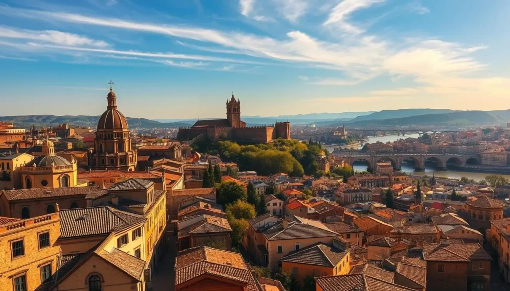 A majestic cityscape of Toledo, Spain, where the cultures of Christians, Jews, and Muslims have coexisted for centuries. In the foreground, cobblestone streets wind through historic neighborhoods, flanked by iconic Gothic cathedrals and Moorish palaces. The middle ground showcases the Alcázar fortress, its grand towers and walls silhouetted against a bright, azure sky. In the distance, the Tagus River flows serenely, its banks dotted with lush greenery. Warm, golden sunlight bathes the scene, casting a soft, inviting glow and creating a sense of timeless harmony. Capture the essence of this extraordinary "City of Three Cultures" in a vivid, photorealistic rendering.