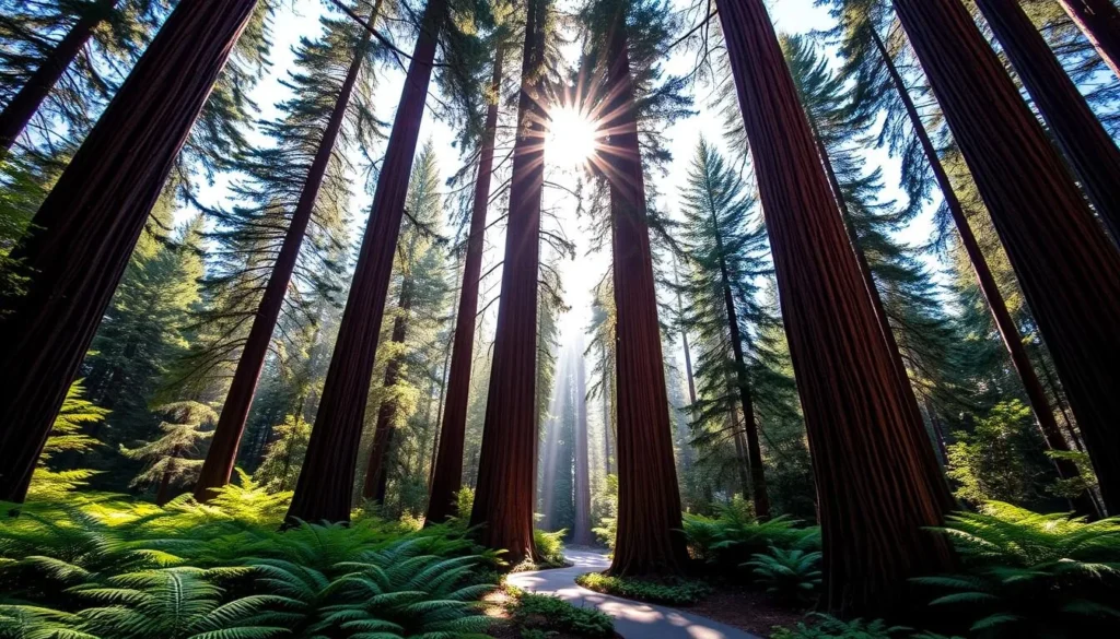 A majestic forest of towering redwood trees, their crimson bark reaching skyward against a bright, azure sky. Dappled sunlight filters through the lush canopy, casting a warm, ethereal glow upon the fern-covered forest floor below. In the middle ground, a winding path meanders through the serene landscape, inviting the viewer to explore the natural wonder of Redwood National and State Parks. The scene exudes a sense of tranquility and awe, capturing the essence of this iconic American wilderness.