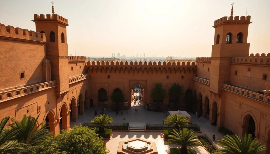 A majestic fortress stands tall, its sand-colored walls and towers casting intricate shadows under the warm, golden sun. Ornate archways and ornamental flourishes adorn the sturdy structure, exuding an air of historical grandeur. In the foreground, a tranquil courtyard invites exploration, with lush greenery and a central water feature reflecting the fortress' timeless elegance. The middle ground reveals the bustling streets of old Riyadh, where locals and visitors mingle, creating a vibrant, lived-in atmosphere. In the distance, the modern skyline of the city emerges, highlighting the juxtaposition of ancient and contemporary elements. This captivating scene captures the essence of Riyadh's rich history and cultural heritage, inviting the viewer to step back in time and immerse themselves in the captivating legacy of the Masmak Fortress.