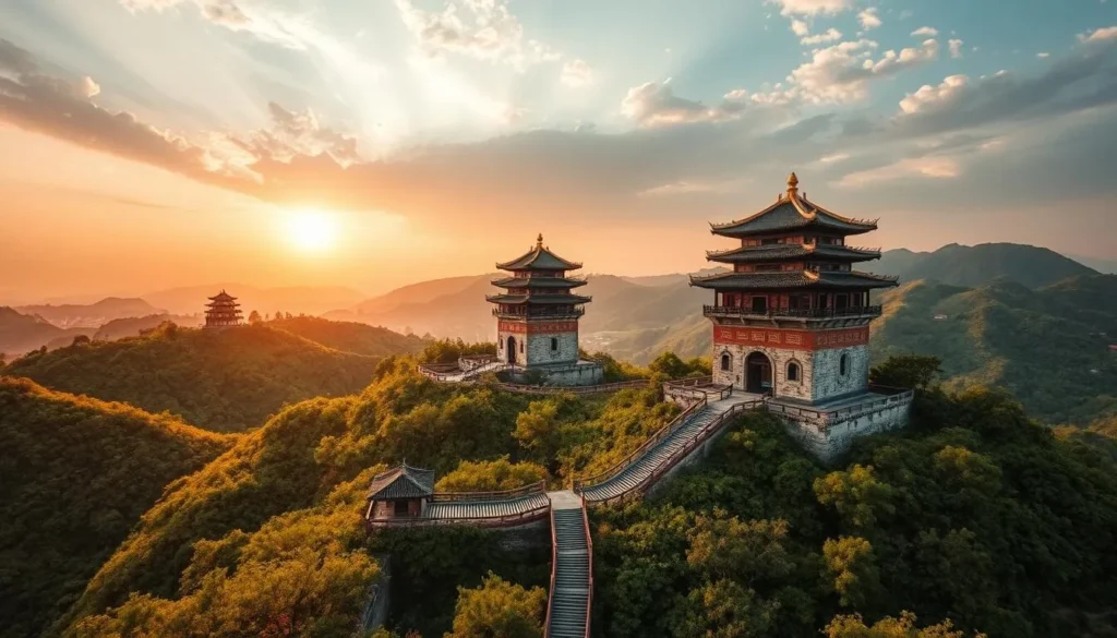 A majestic landscape of Kaiping Diaolou, the iconic watchtowers of Guangdong Province, China. Capture the ancient structures nestled amidst lush, rolling hills under a warm, golden-hour sky. Showcase the intricate architectural details, with their unique blend of Chinese and Western styles. Depict the serene atmosphere, with a sense of timelessness and cultural heritage. Utilize a wide-angle lens to showcase the grandeur of the scene, emphasizing the harmony between the towers and their natural surroundings. Create a sense of depth and dimension, guiding the viewer's eye through the layered landscape. Convey the allure of this hidden gem, inviting the audience to explore its captivating history and beauty.