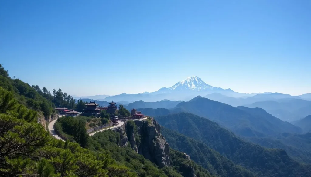 A majestic landscape of Mount Tai, the sacred mountain of Taoism, rising majestically against a clear blue sky. In the foreground, a winding path leads through a lush, verdant forest, with sunlight filtering through the canopy. The middle ground reveals ancient temples and pavilions nestled among the rocks and cliffs, their elegant roofs and ornate details reflecting the region's rich cultural heritage. In the background, the rugged, snow-capped peaks of Mount Tai stretch towards the horizon, their grandeur and timeless presence evoking a sense of awe and reverence. The scene is captured with a wide-angle lens, creating a panoramic view that showcases the breathtaking natural beauty and spiritual significance of this iconic Chinese landmark.