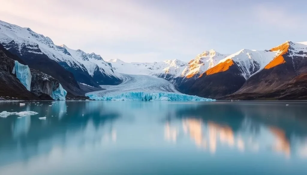 A majestic landscape of the Tasman Glacier in Mount Cook National Park, New Zealand. In the foreground, the serene turquoise waters of Tasman Lake reflect the towering ice cliffs and glacial debris. In the middle ground, the massive Tasman Glacier flows gracefully, its surface a tapestry of crevasses and ridges. The background is dominated by the snow-capped peaks of Mount Cook and the surrounding Southern Alps, bathed in warm, golden light from the sun. The scene conveys a sense of scale, tranquility, and the awe-inspiring power of nature. Captured with a wide-angle lens to emphasize the grandeur of the landscape.