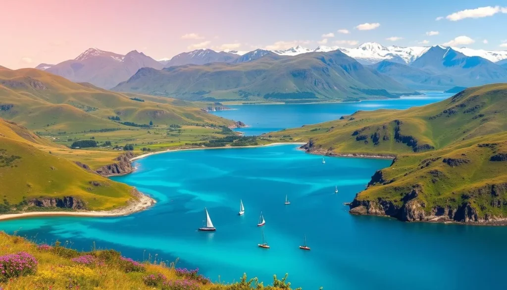 A majestic landscape on the Isle of Mull, Scotland, on a clear summer day. In the foreground, a serene bay with crystal-clear turquoise waters, dotted with sailing boats and kayaks. In the middle ground, rolling green hills and rugged cliffs, their slopes adorned with vibrant wildflowers. In the background, the iconic peaks of the Hebrides mountains, their snow-capped summits shimmering under the warm, golden sunlight. The scene exudes a sense of tranquility and natural wonder, inviting the viewer to immerse themselves in the magic and beauty of this enchanting Scottish island.