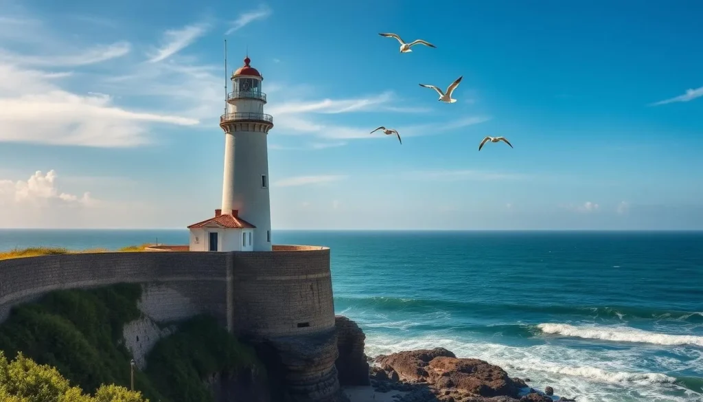 A majestic lighthouse stands tall against the azure sky, its white tower and red roof commanding the attention of all who gaze upon it. The rolling waves of the Atlantic crash against the rocky cliffs below, their rhythmic motion creating a soothing ambiance. Seagulls soar gracefully overhead, their cries echoing across the picturesque seaside scene. Warm sunlight filters through wispy clouds, casting a gentle glow over the weathered stone walls and surrounding lush greenery. This iconic landmark, the Biarritz Lighthouse, is a captivating focal point, drawing visitors to the charming coastal town of Biarritz, France.