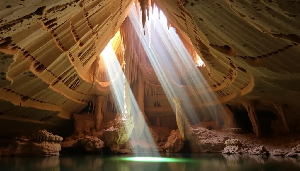 A majestic limestone cavern, the Cathedral Caverns State Park in Alabama stands as a testament to nature's grandeur. Sunlight filters through the vast, cathedral-like chambers, casting a warm, golden glow upon the towering stalactites and stalagmites that seem to reach towards each other. The smooth, undulating walls reveal millions of years of geological history, while the tranquil, mirrored pools reflect the ethereal beauty of this underground sanctuary. Capture the awe-inspiring scale and serene atmosphere of this natural wonder, showcasing the allure of Alabama's fascinating cave systems.