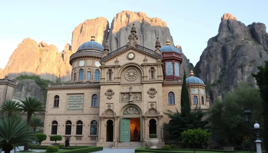 A majestic medieval-style structure rises before a backdrop of towering rock formations, its ornate facades and domed roofs bathed in warm golden light. Intricate Byzantine-inspired carvings and mosaics adorn the exterior, hinting at the wealth of cultural treasures within. The museum's entrance stands invitingly open, beckoning visitors to step inside and immerse themselves in the rich history and spiritual significance of this iconic Meteora landmark. Lush foliage and verdant gardens surround the building, creating a harmonious blend of natural and architectural splendor. The scene exudes an atmosphere of reverence and contemplation, perfectly capturing the essence of Meteora's cultural and religious heritage.