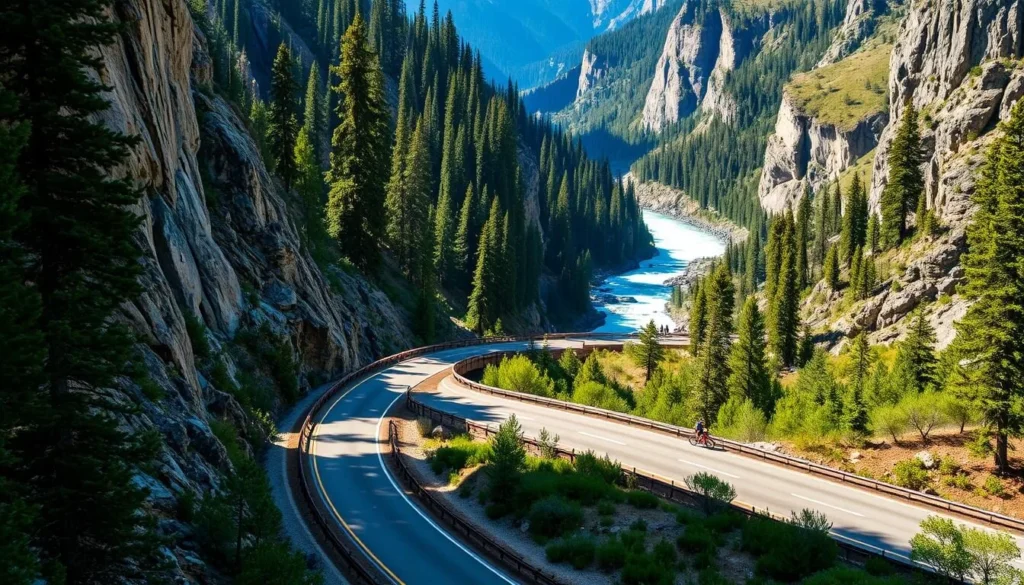 A majestic mountain road winds through the lush, verdant forests of Kings Canyon National Park, California. Towering granite cliffs rise on either side, casting dramatic shadows on the serpentine route below. Sunlight filters through the canopy of towering pines, illuminating the smooth, winding tarmac. In the distance, a sparkling river rushes over rocky rapids, its turquoise waters a striking contrast to the earthy tones of the surrounding landscape. Hikers and cyclists dot the scenic byway, taking in the breathtaking vistas. Capture the rugged beauty and serene tranquility of this iconic California drive, a must-see destination for nature enthusiasts.