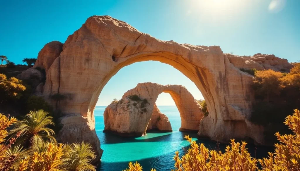 A majestic natural bridge, carved from limestone by the relentless forces of wind and water, standing proudly against a clear azure sky. The elegant arch spans a tranquil turquoise pool, surrounded by lush, verdant foliage. Warm, golden sunlight filters through the scene, casting a soft, inviting glow and creating captivating shadows and highlights that accentuate the bridge's intricate details. The overall atmosphere is one of serene beauty, showcasing the wonders of nature and the timeless appeal of this historical site. A majestic natural bridge, carved from limestone by the relentless forces of wind and water, standing proudly against a clear azure sky. The elegant arch spans a tranquil turquoise pool, surrounded by lush, verdant foliage. Warm, golden sunlight filters through the scene, casting a soft, inviting glow and creating captivating shadows and highlights that accentuate the bridge's intricate details. The overall atmosphere is one of serene beauty, showcasing the wonders of nature and the timeless appeal of this historical site.