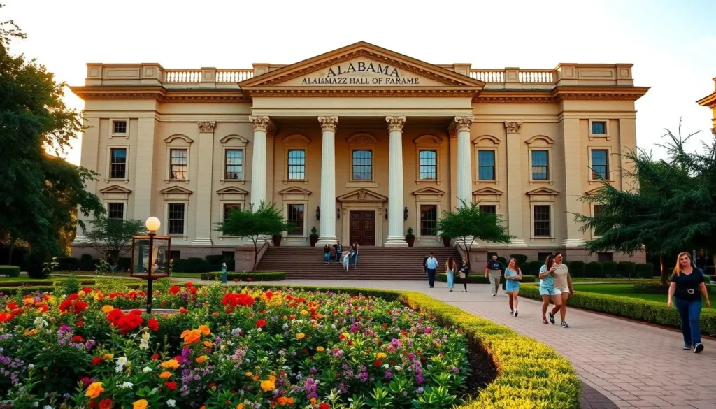 A majestic neoclassical building stands proudly, its grand facade adorned with columns and intricate details. The warm Alabama sun casts a golden glow, illuminating the museum's entrance. In the foreground, a well-tended garden with vibrant flowers and lush greenery complements the stately architecture. Visitors stroll along the paved walkways, immersed in the rich cultural heritage that the Alabama Jazz Hall of Fame showcases within. The scene exudes a sense of history, artistry, and the enduring spirit of jazz music that has shaped the state's cultural landscape.