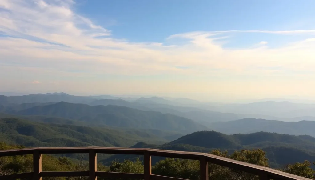 A majestic overlook along the Blue Ridge Parkway, North Carolina. A sweeping vista of rolling blue-hued mountains receding into the distance, their peaks kissed by wispy clouds. In the foreground, a wooden observation deck with sturdy railings invites visitors to pause and soak in the breathtaking panorama. Warm, golden sunlight filters through the air, casting a soft, natural glow over the lush, verdant landscape. The scene exudes a sense of tranquility and awe, perfectly capturing the essence of this iconic driving route through the Appalachian highlands.