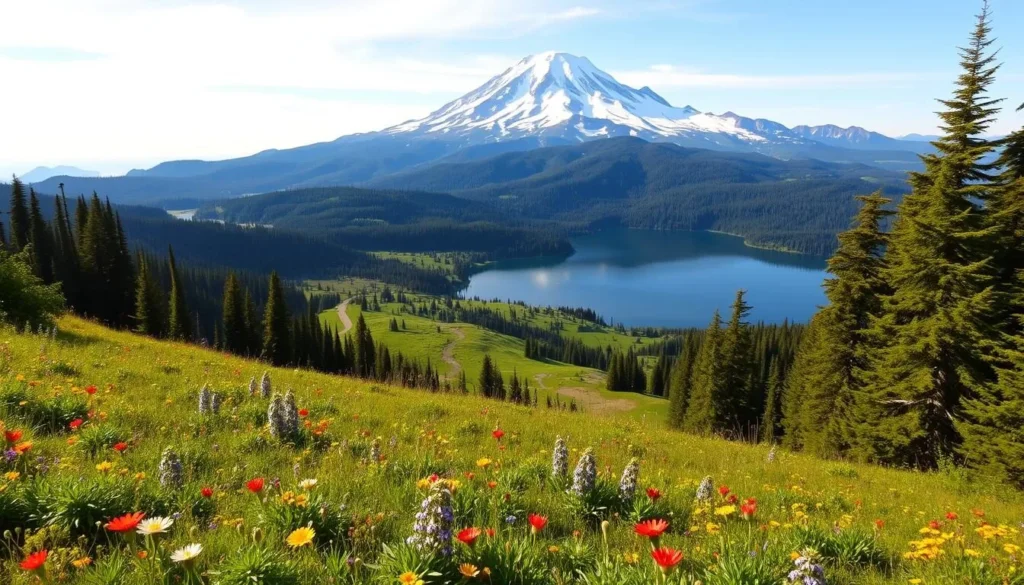 A majestic panorama of Mount Rainier National Park, its snow-capped peak towering over lush green forests and pristine alpine lakes. In the foreground, a tranquil meadow filled with vibrant wildflowers sways gently in the breeze. The middle ground reveals a winding hiking trail leading through the verdant landscape, inviting exploration. In the distance, the mountain's reflection ripples across the crystal-clear waters of a serene glacial lake, bathed in the warm glow of the afternoon sun. Capture the awe-inspiring beauty and serenity of this natural wonder, perfect for a day trip from the charming town of Gig Harbor.