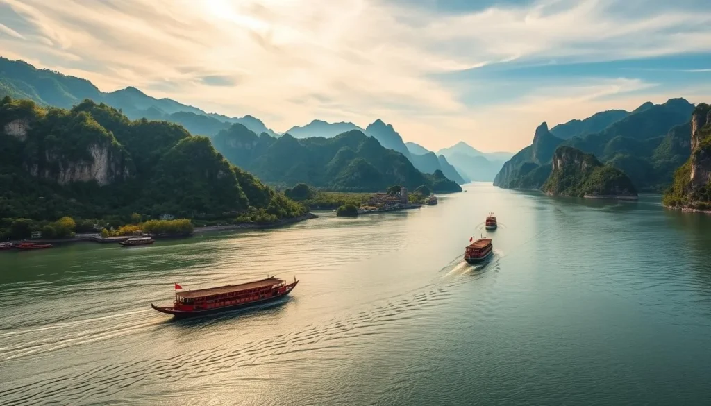 A majestic panoramic view of the Yangtze River flowing through the lush, rolling hills of Yichang, China. In the foreground, the tranquil waters reflect the azure sky and wispy clouds. Towering limestone cliffs and verdant forests line the riverbanks, creating a serene and picturesque landscape. The midground features traditional Chinese boats gently cruising along the river, their vibrant colors and intricate designs adding to the cultural charm. In the distance, the famous Three Gorges rise majestically, their rugged, craggy peaks shrouded in a soft haze. The scene is bathed in warm, golden sunlight, conveying a sense of peace and timelessness. This breathtaking vista encapsulates the natural beauty and cultural heritage of Yichang, the gateway to the stunning Three Gorges.
