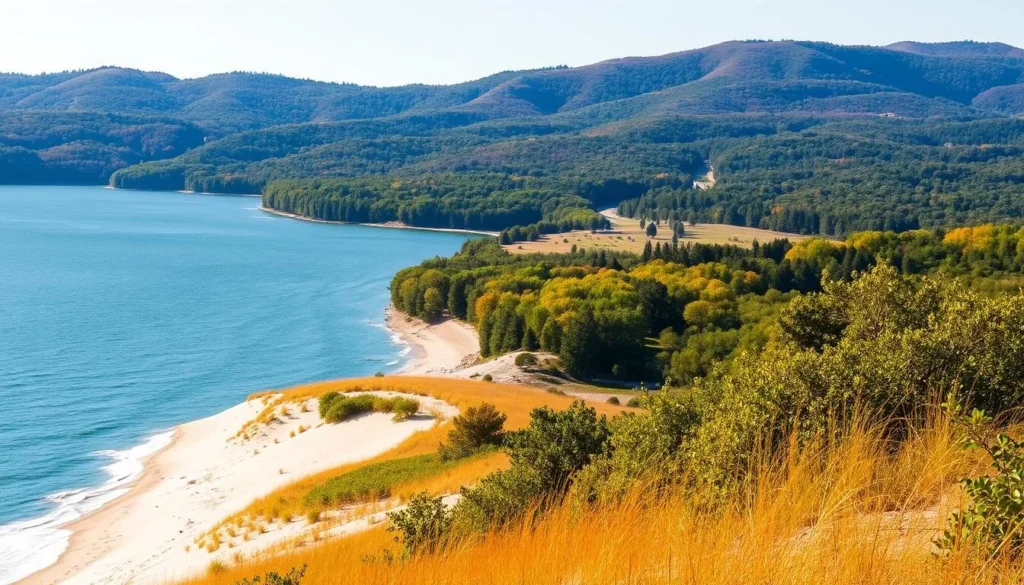 A majestic scene of Indiana Dunes National Park on a sunny day. In the foreground, golden sand dunes dotted with lush vegetation lead to a vast blue lake, its gentle waves lapping at the shore. In the middle ground, trails wind through dense forests, inviting visitors to explore. The background features rolling hills, their slopes a tapestry of greens and autumnal hues. The warm, golden light filters through the trees, casting a serene glow over the entire landscape. A picturesque and inviting setting, perfect for visitors to begin their adventure at the park's welcoming visitor centers.