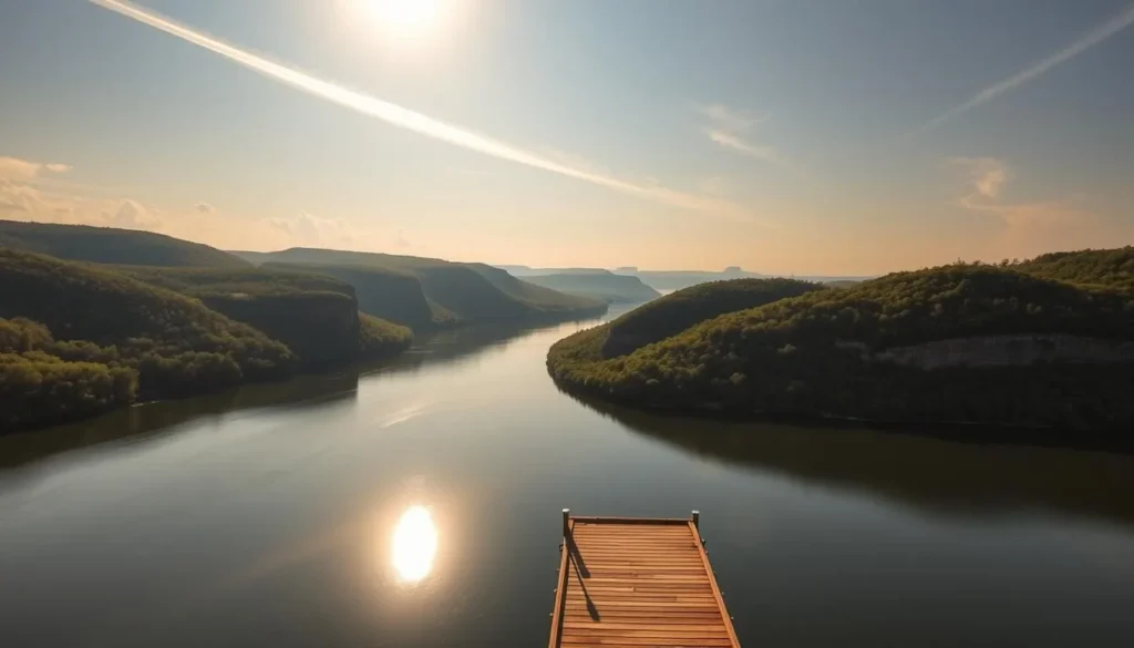 A majestic scene of the mighty Mississippi River winding through the lush, rolling hills of Alton, Illinois. The sun's golden rays gently illuminate the serene, glass-like surface of the water, reflecting the verdant foliage and towering bluffs along the riverbanks. In the foreground, a quaint wooden dock juts out, inviting visitors to take in the breathtaking panorama. Wispy clouds drift overhead, casting soft shadows across the tranquil landscape. The overall atmosphere exudes a sense of peaceful solitude, perfectly capturing the essence of a picturesque day trip along the iconic Mississippi.