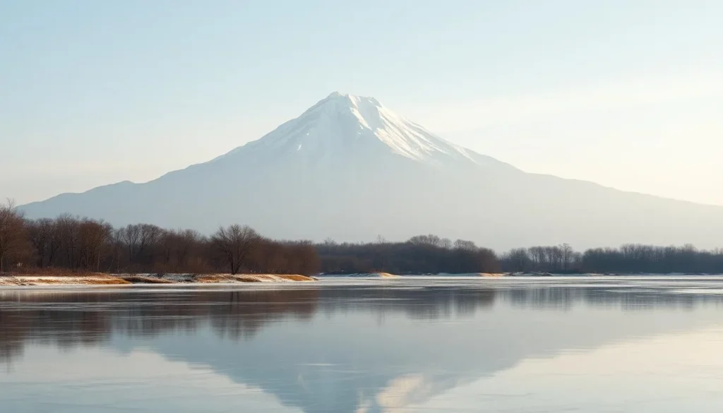 A majestic snow-capped Mount Tai rises majestically against a crisp, clear winter sky. The iconic granite peaks are dusted with a delicate layer of pristine white snow, shimmering in the soft, diffused sunlight. In the foreground, a tranquil frozen lake reflects the towering mountain, creating a serene, mirror-like surface. Elegant bare-branched trees line the shore, adding a touch of minimalist beauty to the serene landscape. The overall atmosphere conveys a sense of peaceful solitude, inviting the viewer to appreciate the breathtaking natural wonder of this renowned Chinese landmark during the enchanting winter season.