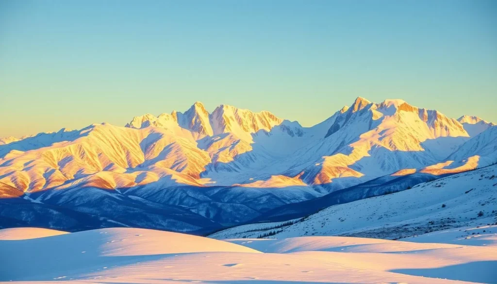 A majestic snow-capped Panamint Range rises majestically against a crystal-clear winter sky, bathed in warm, golden sunlight. In the foreground, a pristine alpine landscape unfolds, with glistening snow blanketing the rolling hills and valleys. Towering peaks pierce the horizon, their jagged, icy summits reaching towards the heavens. The scene exudes a sense of tranquility and awe, inviting the viewer to immerse themselves in the serene beauty of this winter wonderland.