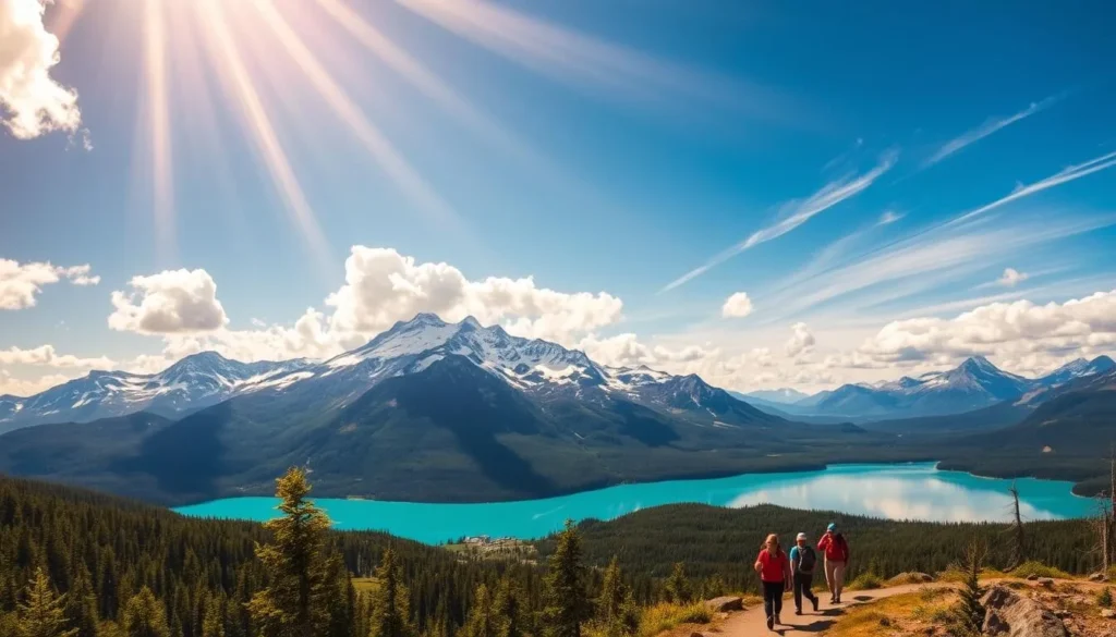 A majestic, snow-capped mountain range rises against a vibrant azure sky, its peaks mirrored in the serene turquoise lake below. Lush, verdant forests line the shoreline, their reflections dancing on the calm waters. Beams of warm, golden sunlight filter through fluffy, wispy clouds, casting a soft, ethereal glow over the entire scene. In the foreground, a group of adventurous hikers traverses a winding trail, taking in the breathtaking beauty of Glacier National Park's pristine, untouched wilderness.