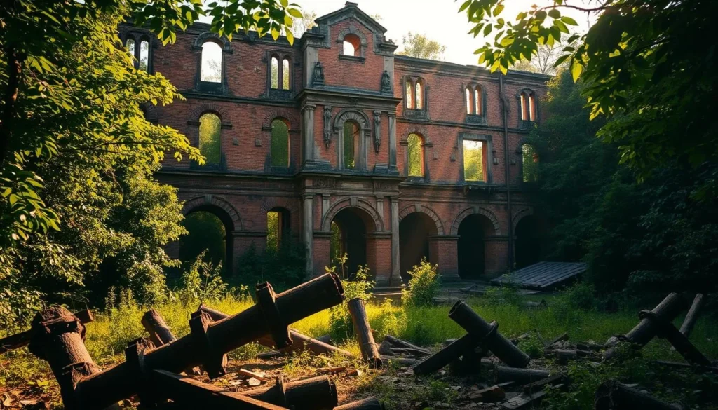 A majestic sugar mill ruin stands tall amidst lush greenery, its weathered brick walls and crumbling archways casting dramatic shadows in the warm afternoon light. Sunbeams filter through the overgrown foliage, illuminating the scene with a golden glow. In the foreground, fallen columns and debris create a sense of abandonment, while the middle ground reveals the intricate architectural details that hint at the structure's former grandeur. The background is filled with a dense, verdant forest, adding depth and a serene, natural backdrop to the historic ruins. The overall atmosphere evokes a sense of timeless beauty and the melancholic charm of a bygone era.