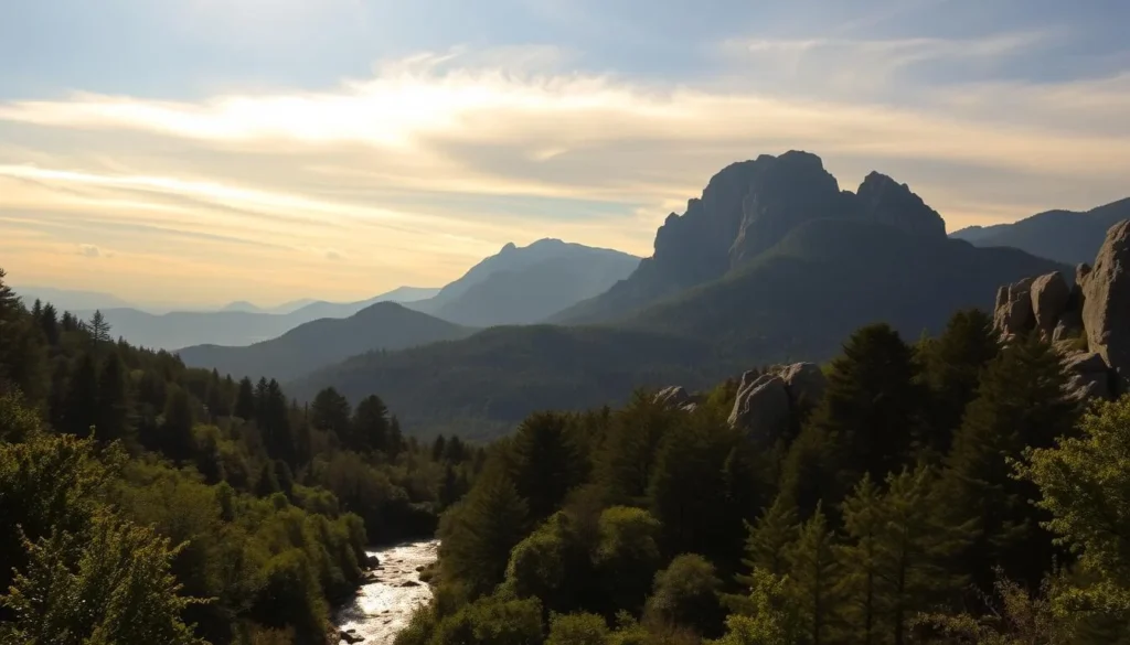 A majestic, sun-dappled landscape of the Blue Ridge Mountains in Western North Carolina. In the foreground, a tranquil mountain stream meanders through a lush, verdant forest. Towering peaks rise in the middle distance, their jagged silhouettes framed by wispy, golden-hued clouds. Warm, directional lighting illuminates the scene, casting soft shadows and highlighting the rugged, weathered textures of the rocky outcroppings. An atmosphere of peaceful solitude and natural wonder pervades the idyllic setting, inviting the viewer to immerse themselves in the hidden gems of this enchanting region.