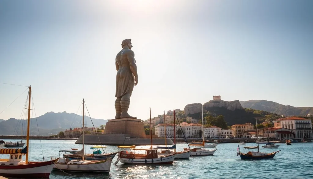 A majestic, sun-drenched vista of the Colossus of Rhodes, standing tall and proud at the entrance of Mandraki Harbor. The colossal bronze statue, one of the Seven Wonders of the Ancient World, is bathed in warm, golden light, casting a dramatic shadow over the bustling harbor below. In the foreground, the tranquil waters of the harbor are dotted with traditional Greek fishing boats, their colorful sails catching the gentle breeze. In the middle ground, the historic buildings of modern Rhodes City rise up, their whitewashed walls and red-tiled roofs creating a picturesque skyline. The background is dominated by the majestic, sun-dappled hills that surround the city, hinting at the natural beauty that makes Rhodes a true gem of the Aegean.