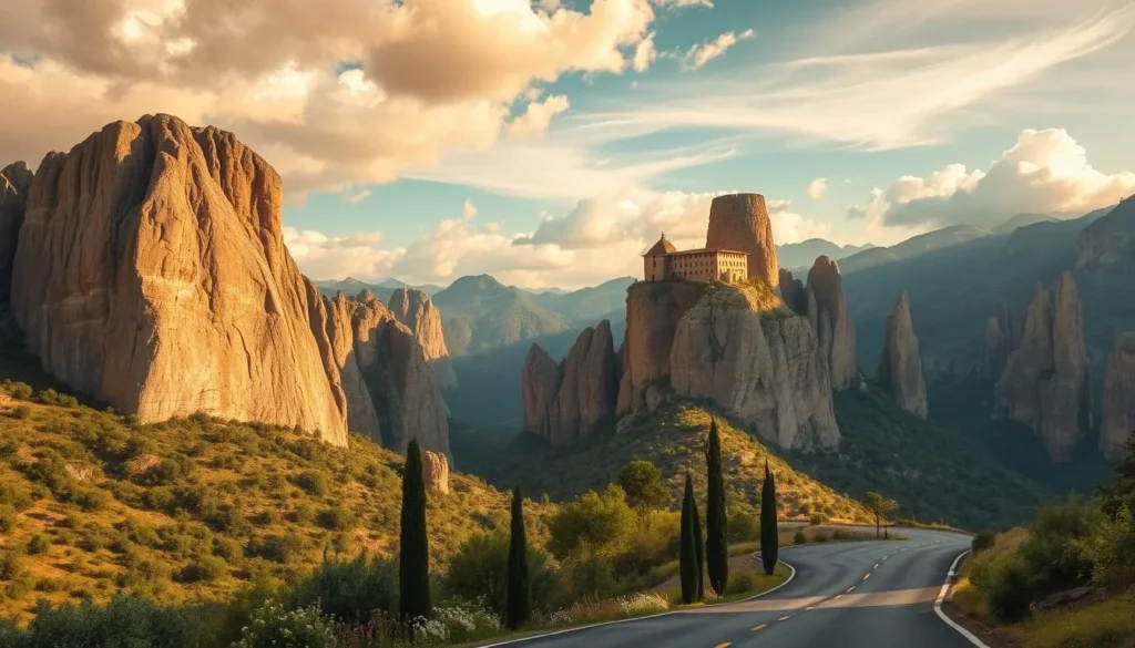 A majestic, sun-drenched vista of the iconic Meteora rock formations in Greece. Towering, jagged pinnacles of honey-colored stone rise dramatically from the lush, verdant valley below, their ancient monasteries clinging precariously to the cliff edges. Warm, diffused light filters through wispy, cumulus clouds, casting gentle shadows that accentuate the rugged, weathered textures of the rock. In the foreground, a winding road leads the eye towards the distant horizon, flanked by cypress trees and wildflowers. The serene, contemplative atmosphere invites the viewer to imagine staying in one of the secluded, historic guesthouses nestled amongst these awe-inspiring natural wonders.