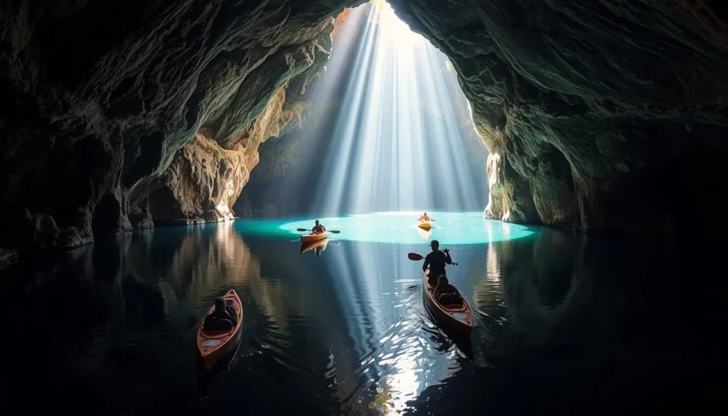 A majestic underground river winding through the heart of the Padirac Chasm, France. Sunlight streams in, casting a warm glow on the tranquil waters and towering limestone walls. Kayaks glide effortlessly across the mirror-like surface, as visitors marvel at the serene, otherworldly beauty of this natural wonder. Dramatic shadows and highlights accentuate the scale and grandeur of the subterranean landscape, inviting exploration and a sense of discovery. Capture the essence of this captivating day trip from the charming town of Rocamadour, a must-see destination for any traveler to the Dordogne region.