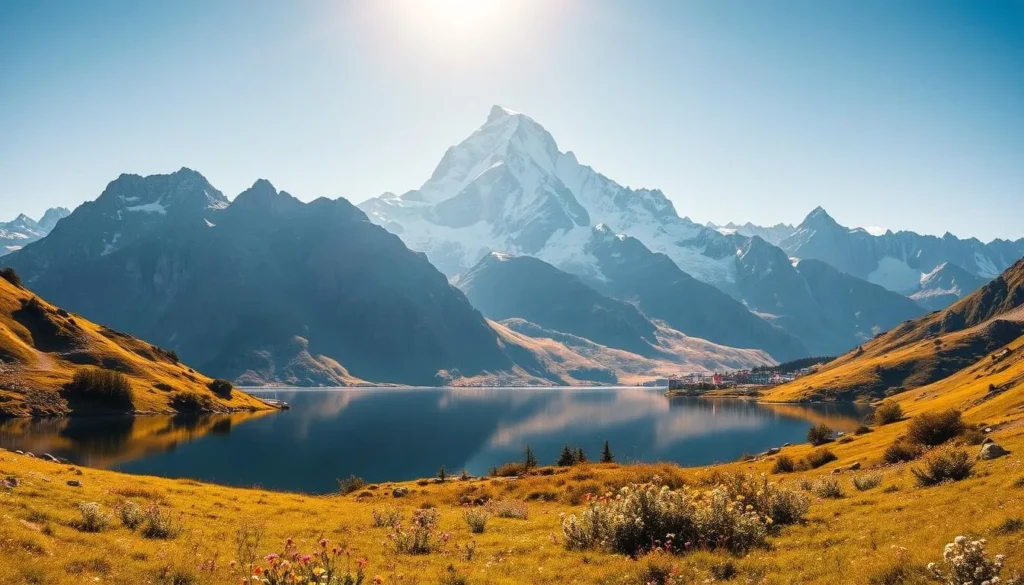 A majestic view of Mont Blanc, the highest mountain in the Alps, towering above the charming alpine town of Chamonix. Capture the grandeur of the snow-capped peak against a clear, azure sky, with sunlight gently illuminating the rugged, rocky slopes. In the foreground, lush, verdant meadows dotted with wildflowers lead the eye towards the iconic mountain. A serene lake reflects the surrounding landscape, creating a mesmerizing mirror-like effect. The warm, golden tones and soft, diffused lighting evoke a sense of tranquility and natural wonder, perfectly encapsulating the Alpine wonderland of Chamonix. A majestic view of Mont Blanc, the highest mountain in the Alps, towering above the charming alpine town of Chamonix. Capture the grandeur of the snow-capped peak against a clear, azure sky, with sunlight gently illuminating the rugged, rocky slopes. In the foreground, lush, verdant meadows dotted with wildflowers lead the eye towards the iconic mountain. A serene lake reflects the surrounding landscape, creating a mesmerizing mirror-like effect. The warm, golden tones and soft, diffused lighting evoke a sense of tranquility and natural wonder, perfectly encapsulating the Alpine wonderland of Chamonix.