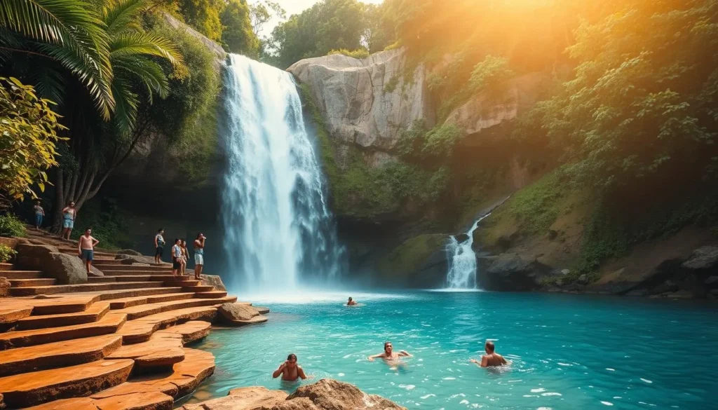 A majestic waterfall cascades over a dramatic limestone cliff, its turquoise waters crashing into a crystal-clear pool below. Lush, verdant foliage frames the scene, creating a tropical paradise. Warm, golden sunlight filters through the canopy, casting a soft, ethereal glow. Visitors navigate the stepped rocks, some swimming in the refreshing waters, others posing for photographs. The overall atmosphere is one of serene tranquility and natural wonder, inviting exploration and relaxation in this stunning Jamaican landscape.