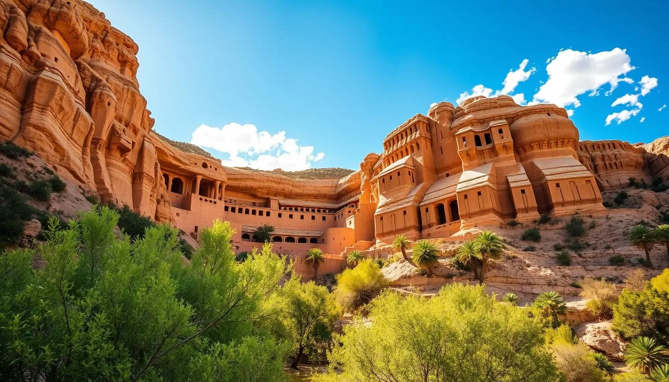A massive, ancient cliff dwelling nestled into the limestone cliffs of the Sonoran Desert, Montezuma Castle rises majestically against a cloudless azure sky. Sunlight filters through the windows, casting a warm, golden glow on the well-preserved adobe structures. The multiple-story, terraced design cascades down the cliff face, blending seamlessly with the natural landscape. In the foreground, a lush, green riparian zone frames the scene, hinting at the life-sustaining water source below. The overall impression is one of harmony between human ingenuity and the awe-inspiring natural environment of Arizona.